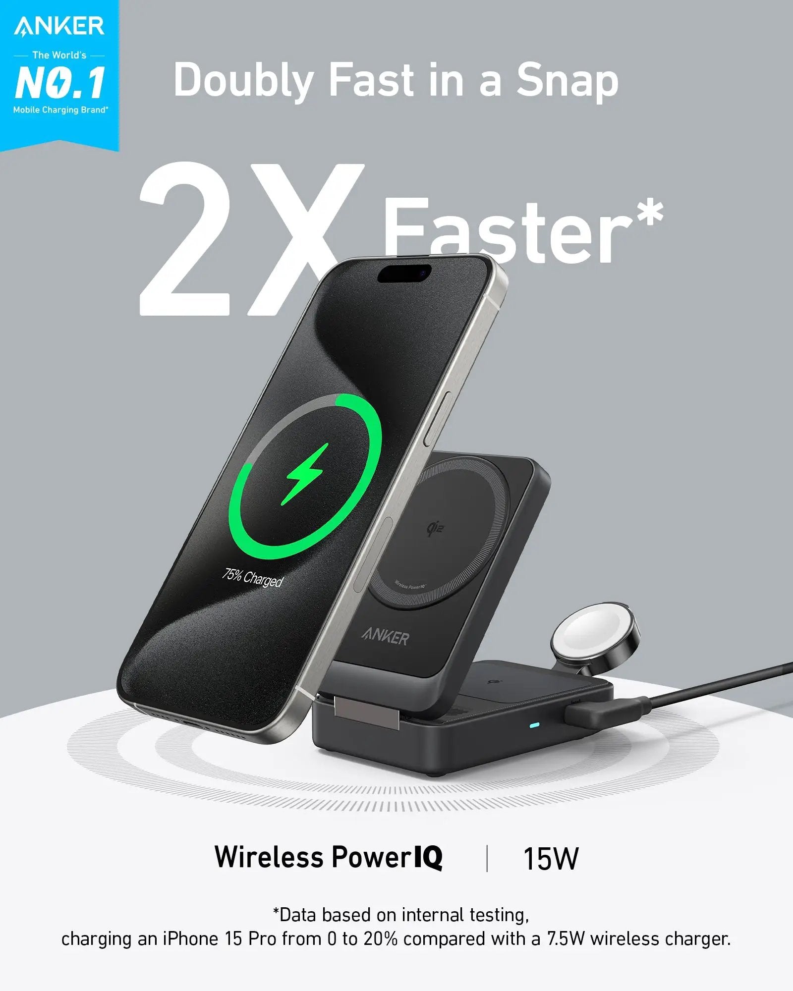 Anker MagGo 3-in-1 Foldable Wireless Charging Station in black finish, charges iPhone on a stand.
