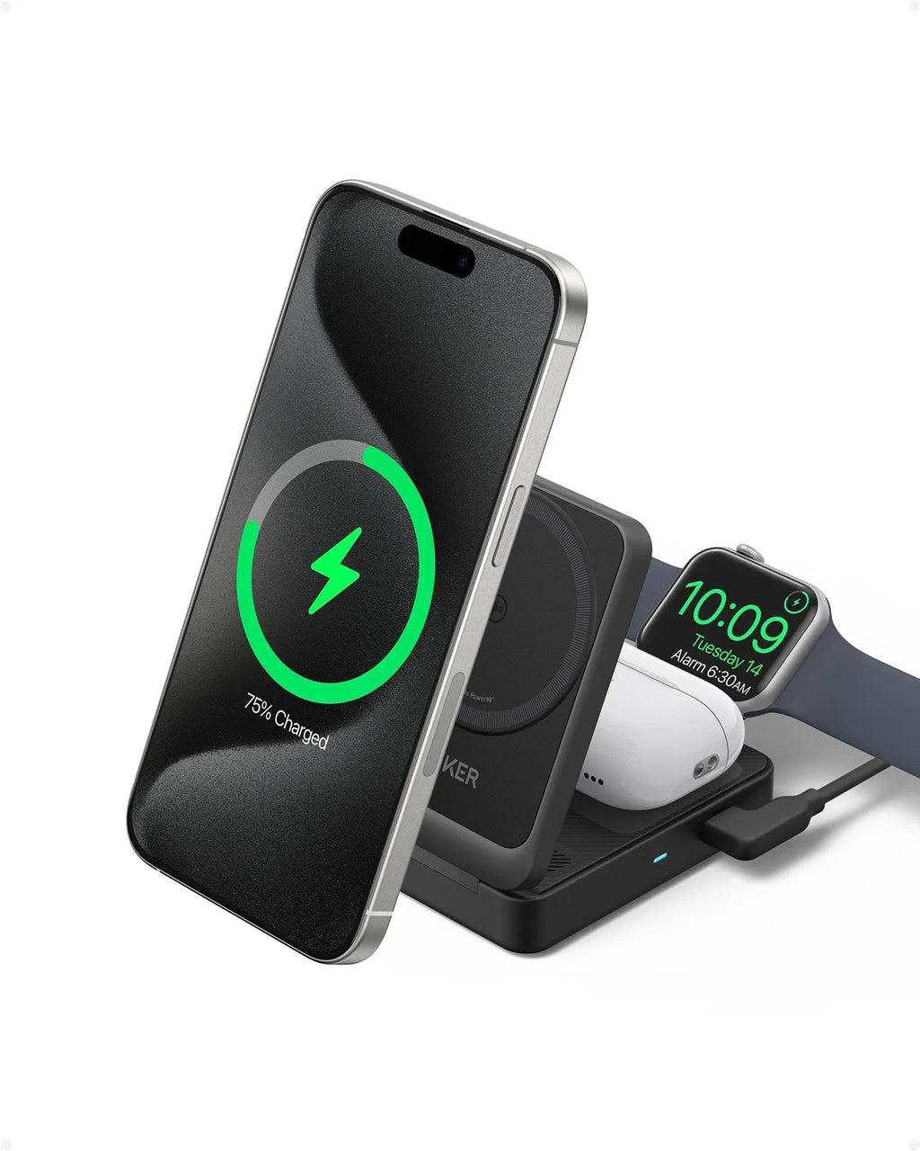 Anker MagGo 3-in-1 foldable wireless charging station charging iPhone, Apple Watch, and AirPods.