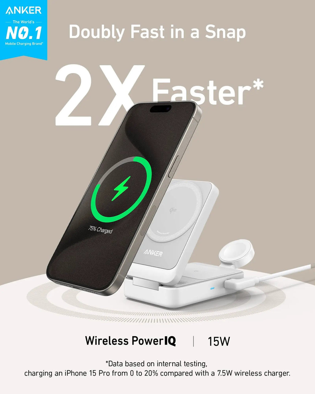 Anker MagGo 3-in-1 foldable wireless charging station, white, MagSafe for iPhone
