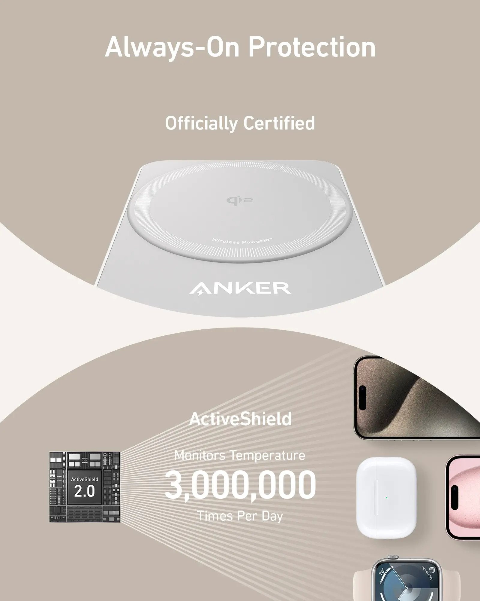 Anker MagGo Wireless Charging Station (Foldable 3-in-1), silver with circular Qi2 charging pad and visible Anker logo.