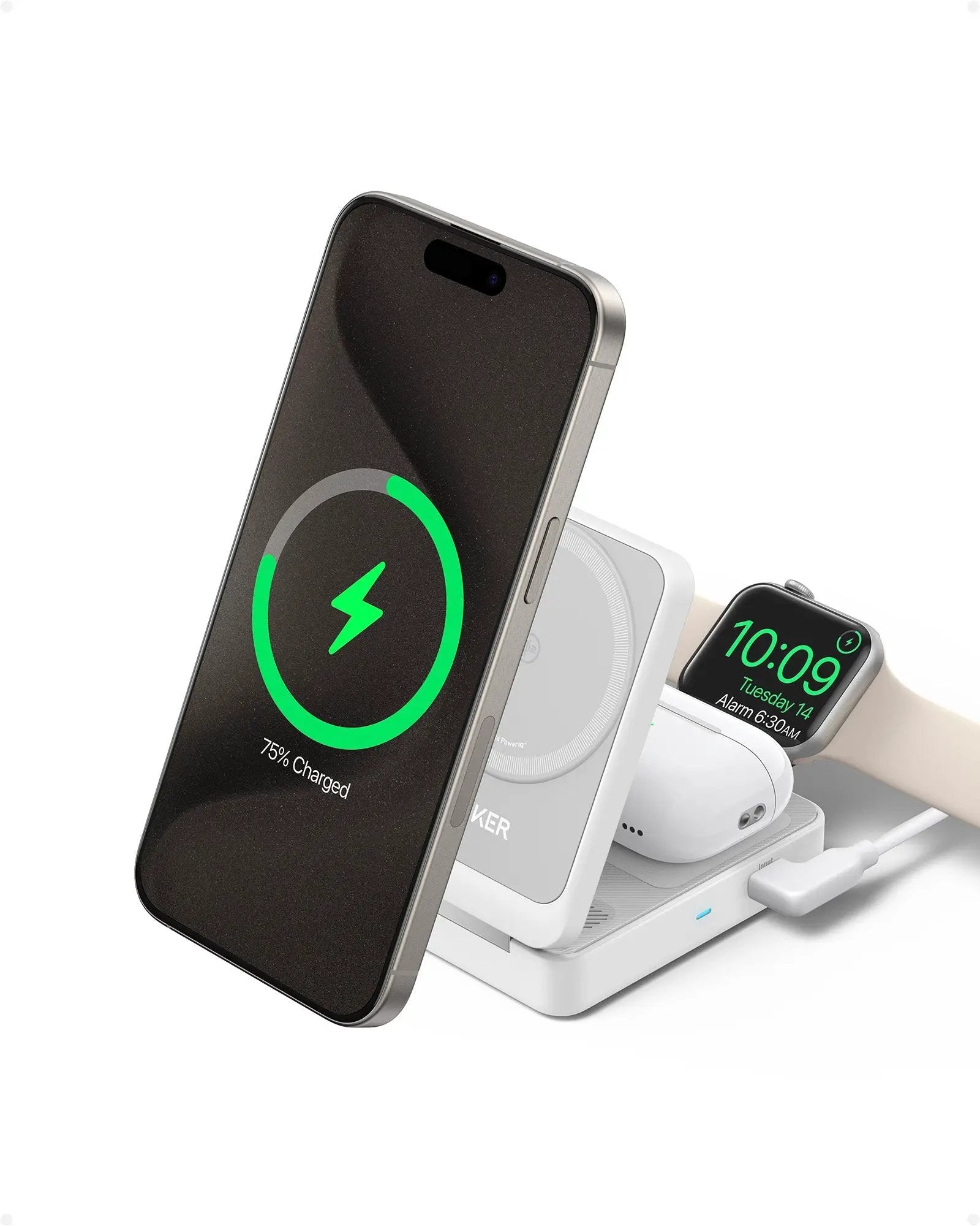 Anker MagGo 3-in-1 Foldable Wireless Charging Station, white; charges iPhone, Apple Watch, AirPods