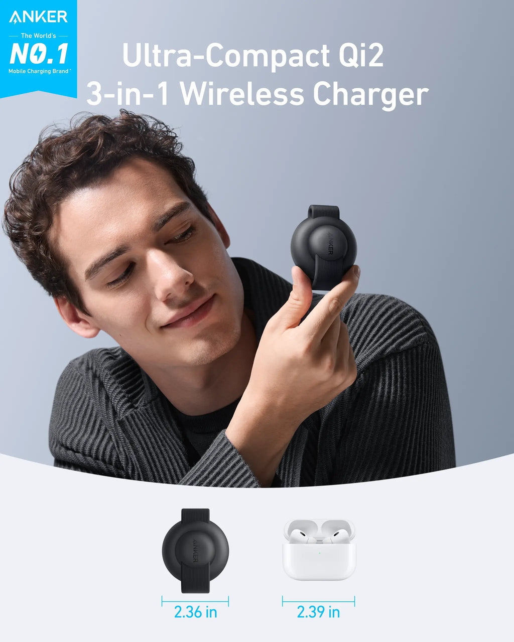 Anker MagGo 3-in-1 foldable wireless charger; black circular charging pad held by a person.