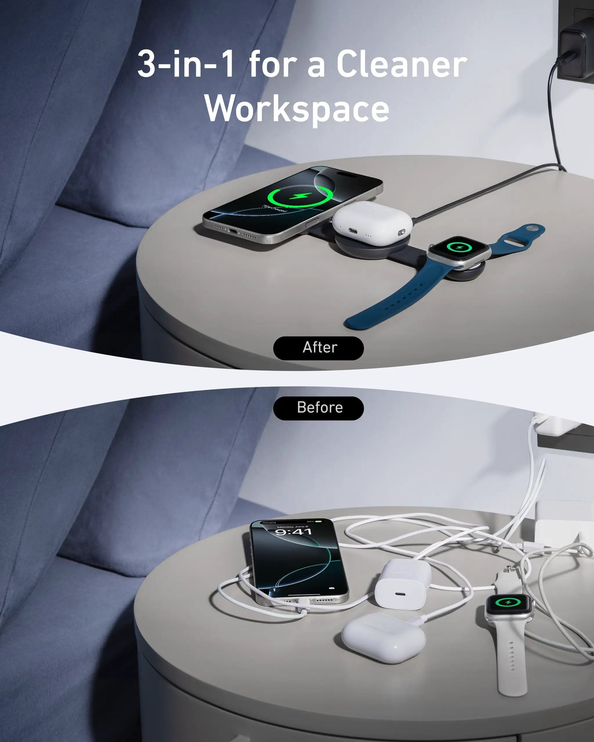 Anker MagGo 3-in-1 wireless charging station for 3 devices with foldable pad charging iPhone, AirPods, and Apple Watch