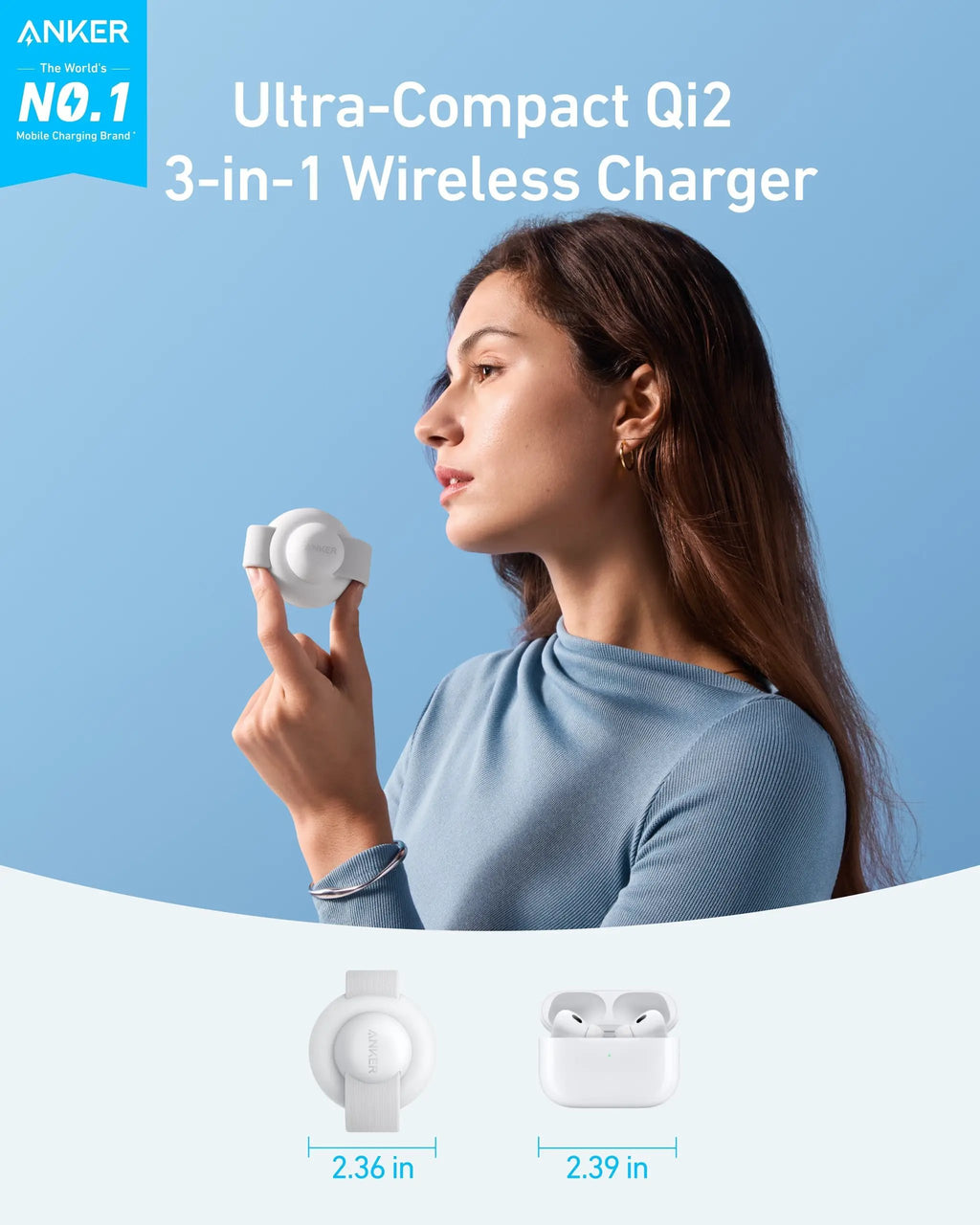 Anker MagGo Qi2 3-in-1 wireless charger with foldable pad, white
