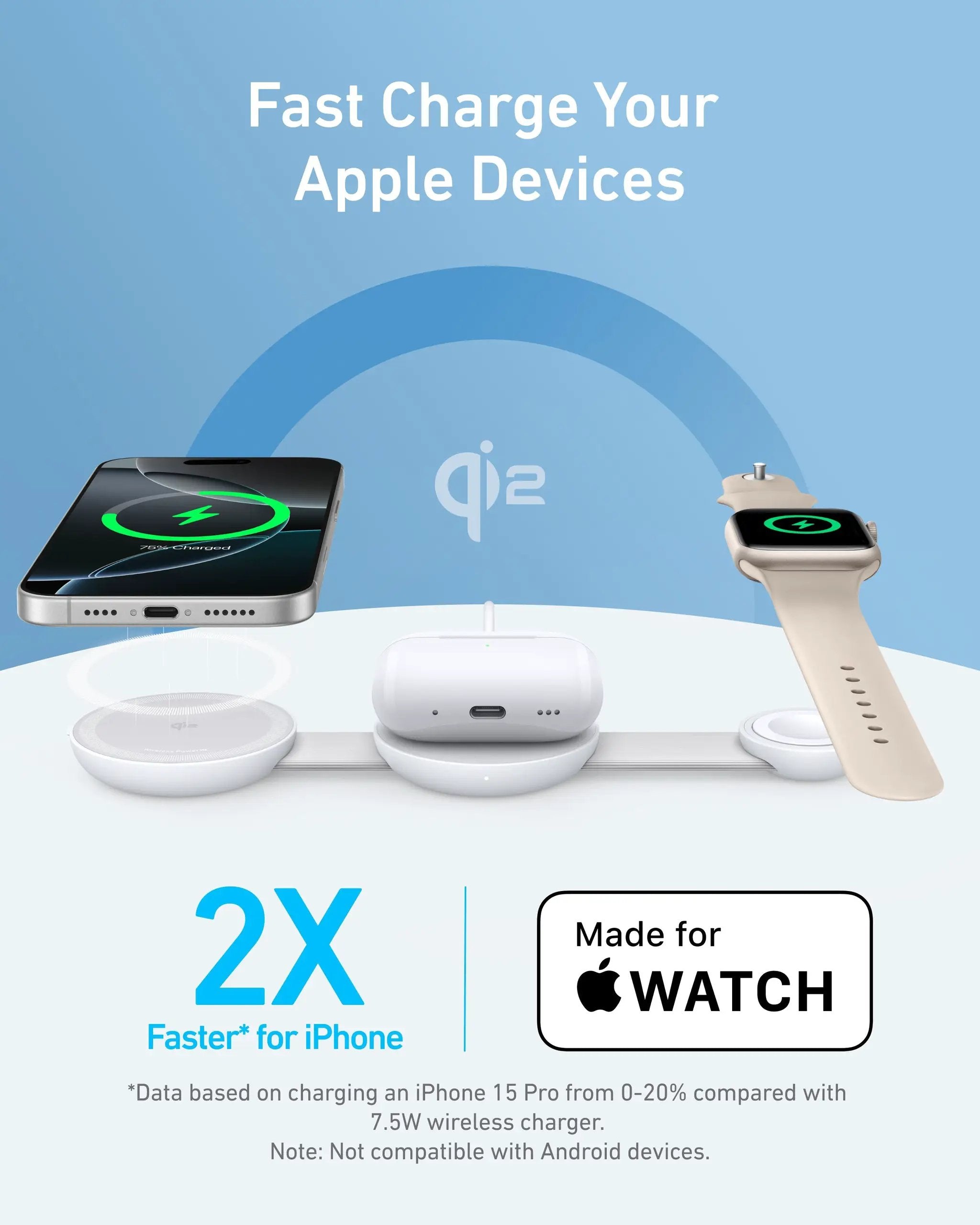 Anker MagGo 3-in-1 wireless charging station with foldable pad, charges iPhone and Apple Watch