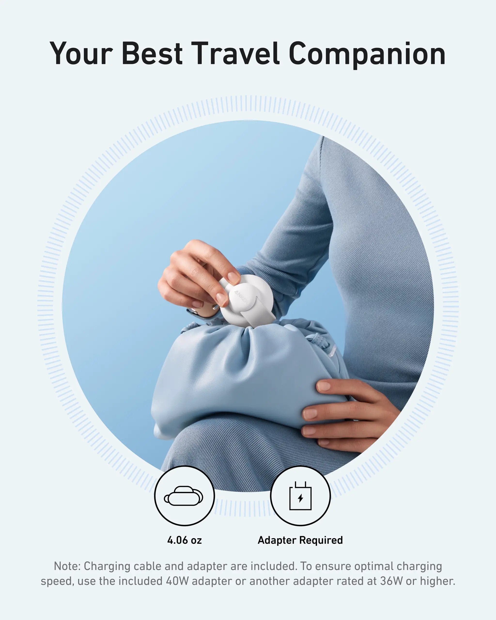 Anker MagGo 3-in-1 foldable wireless charging pad, white, held by a person in blue clothing.