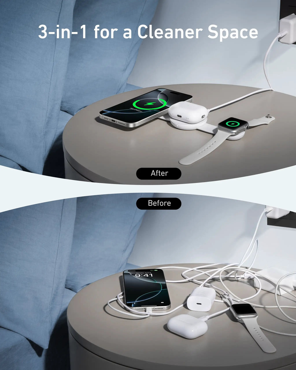 Anker MagGo 3-in-1 foldable wireless charging station on table charging phone, smartwatch and AirPods