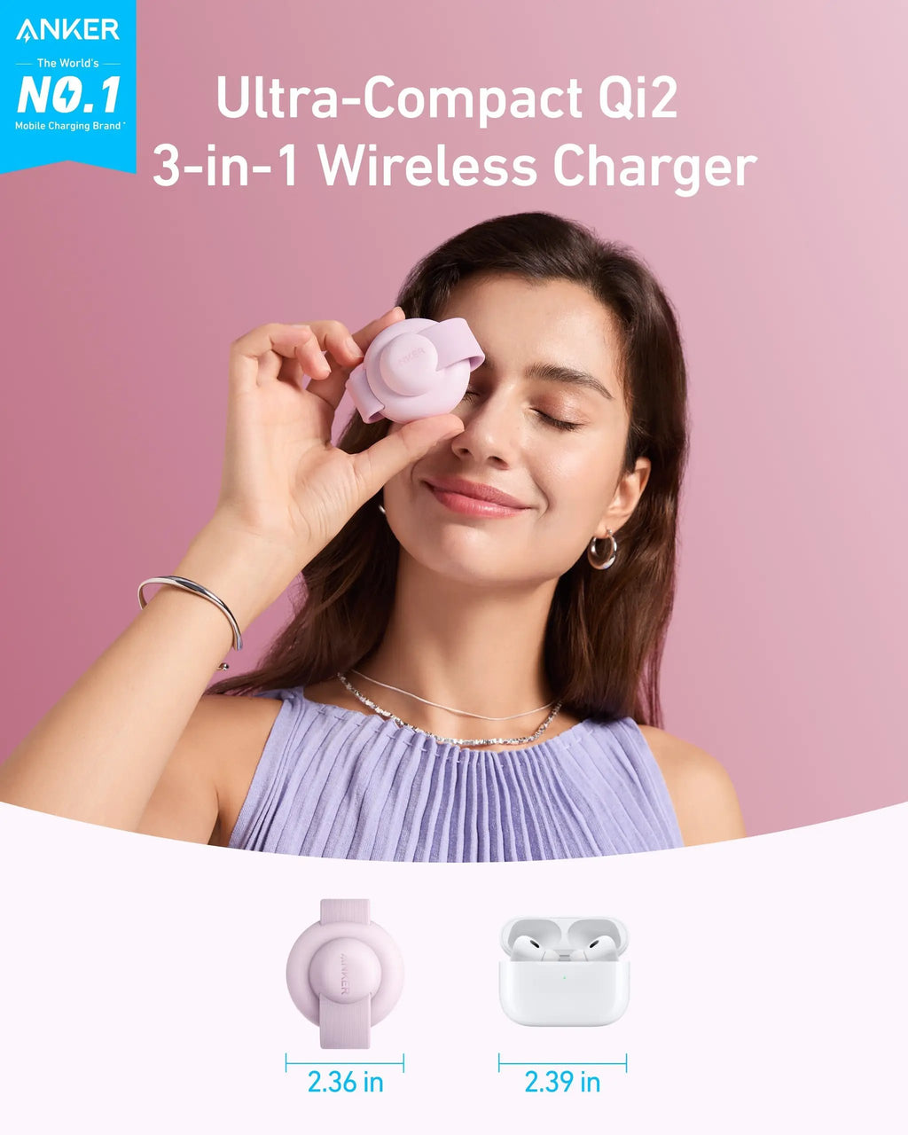 Anker MagGo 3-in-1 foldable wireless charging station in pink with visible ANKER logo