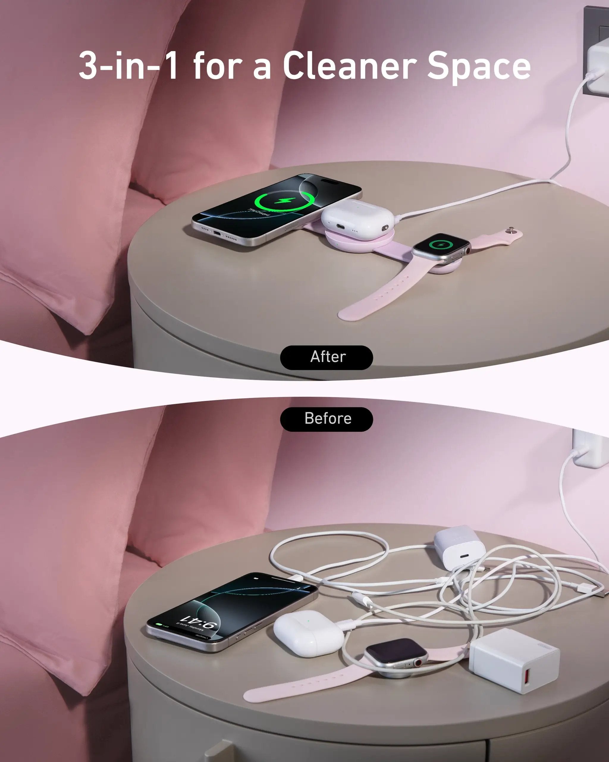 Anker MagGo 3-in-1 Foldable Wireless Charger on pink nightstand charging iPhone, Apple Watch, and AirPods