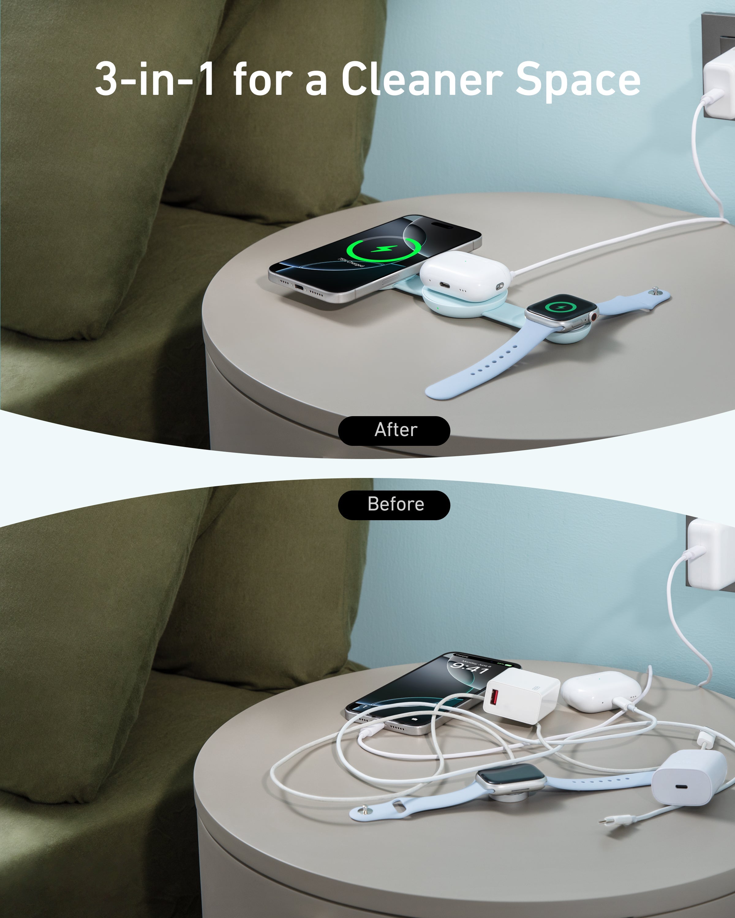 Anker MagGo 3-in-1 foldable wireless charging station powering iPhone, Apple Watch and AirPods on a desk