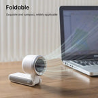 Silver portable foldable fan shown folded into its desk stand.