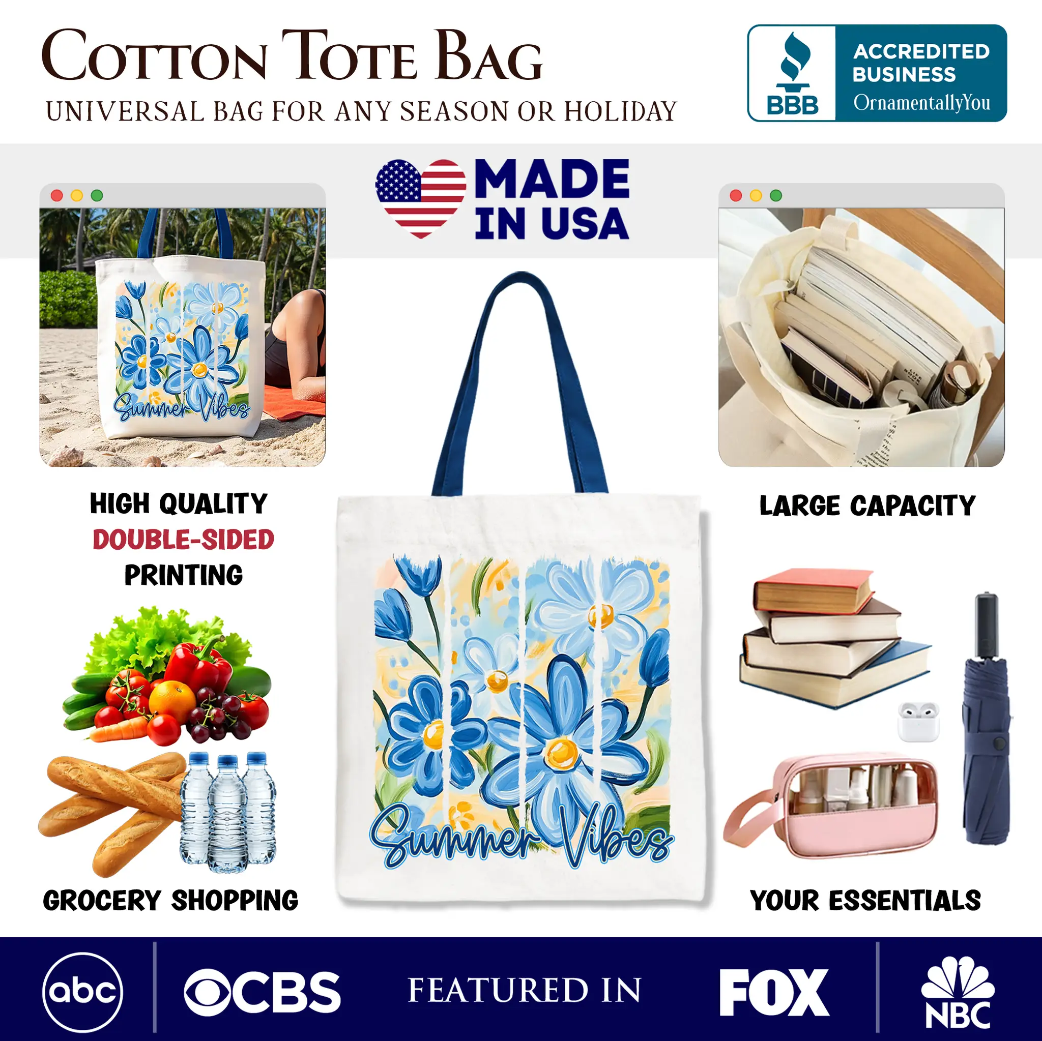 Summer Vibes Brushstroke Flowers Tote Bag by OrnamentallyYou; white canvas tote with blue floral print and navy handles