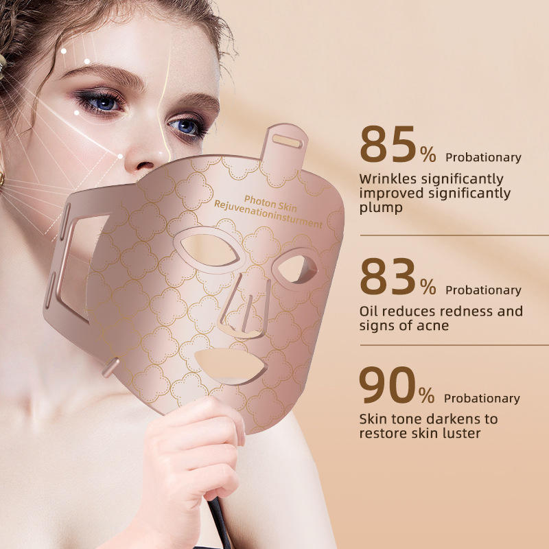 Rose-gold silicone LED face mask for infrared red-light therapy, 8-color skincare device by VIP Digital Presence