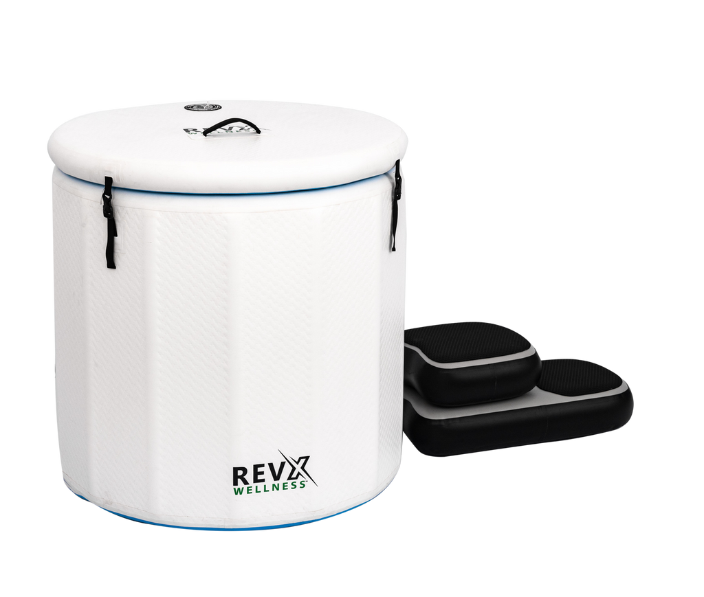 RevX inflatable cold plunge barrel with inflatable steps.