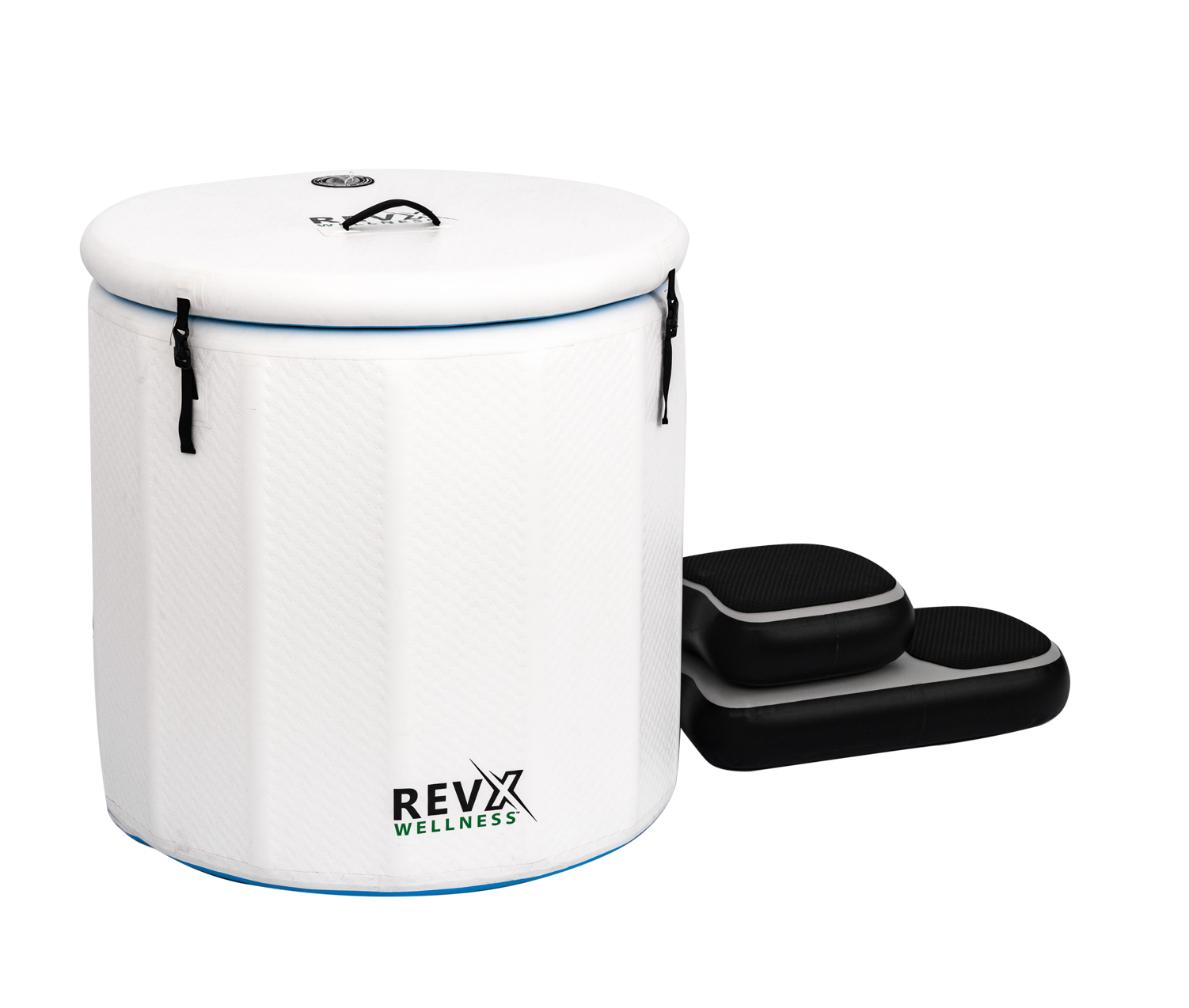 RevX inflatable cold plunge barrel with inflatable steps.