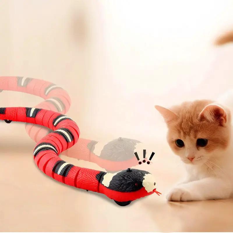 USB rechargeable interactive cat toy snake by VIP Digital Presence, red striped indoor play for kittens.