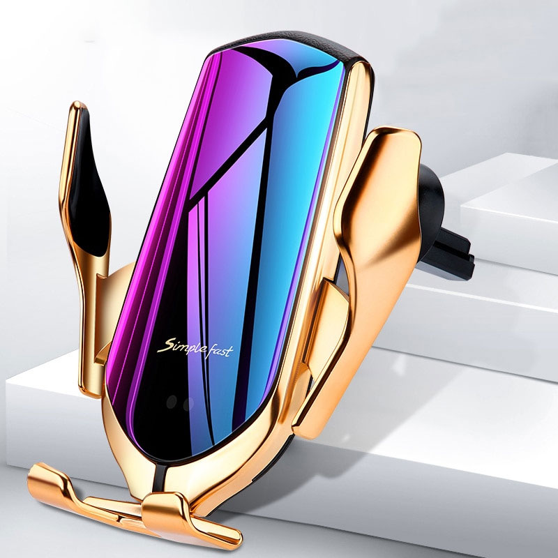 Car wireless charger holder with auto clamp and suction mount, gold finish, 10W Qi fast charging for iPhone