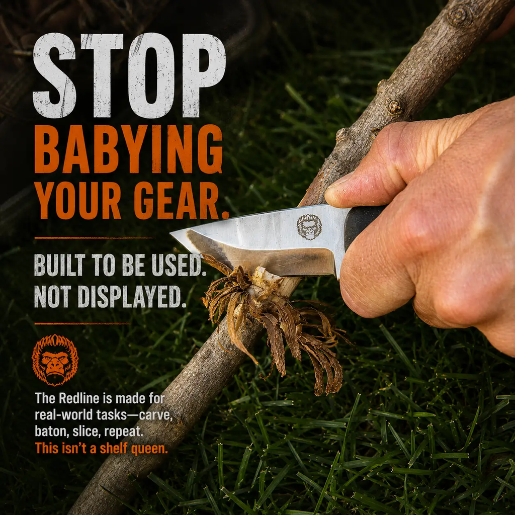 The Redline full-tang survival neck knife with G10 handle by Holtzman's Gorilla Survival carving a twig.