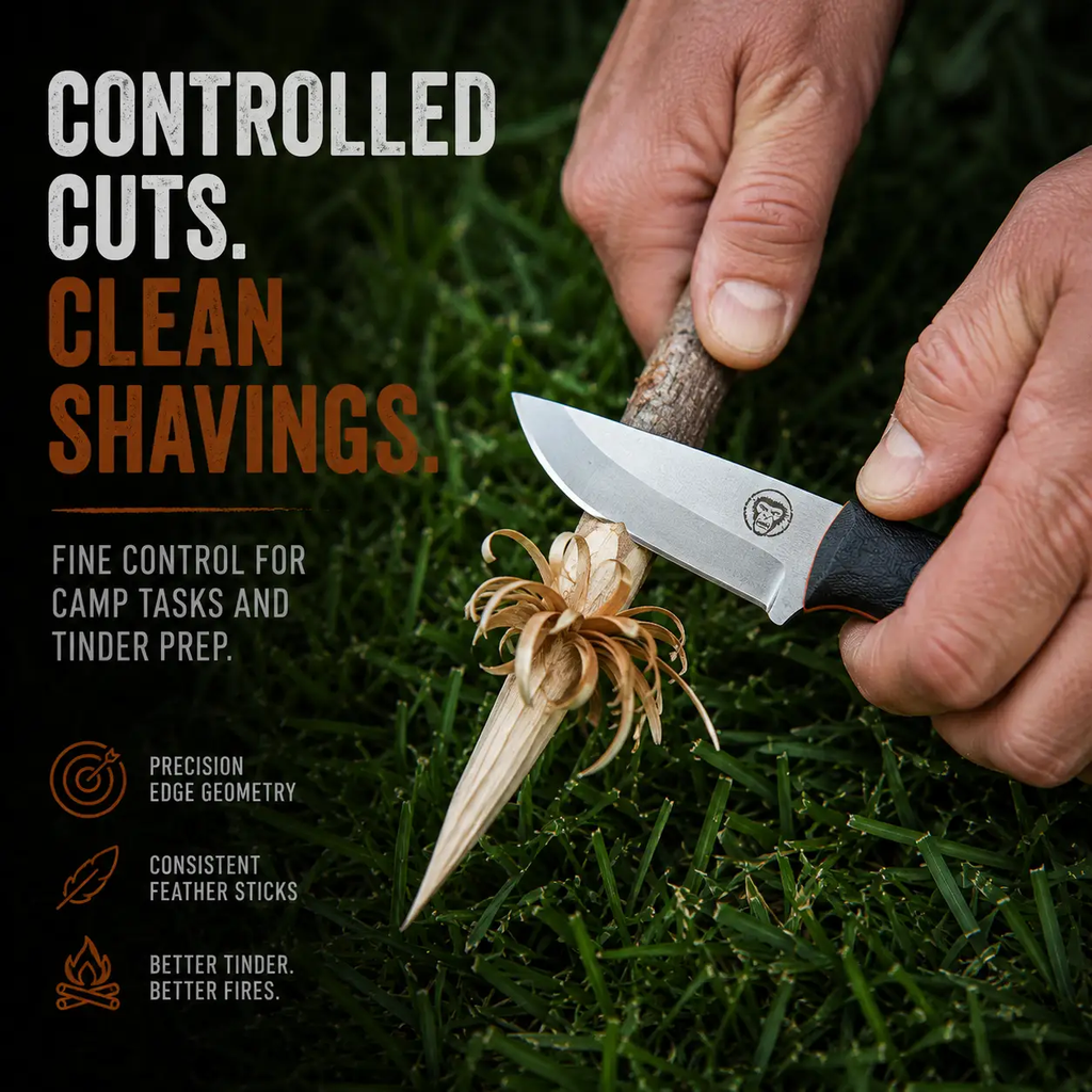 The Redline full-tang neck knife by Holtzman's Gorilla Survival with a G10 handle, cutting wood.