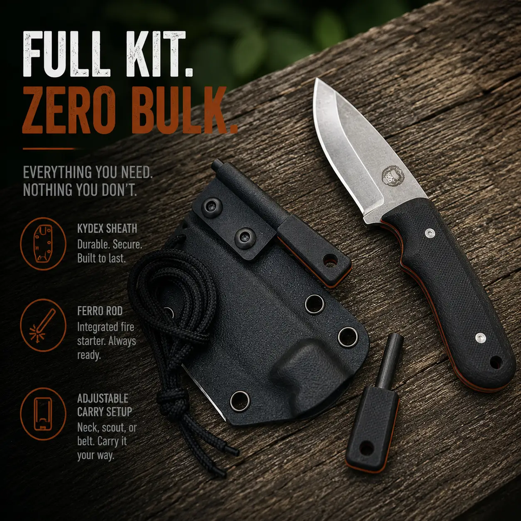 The Redline full-tang survival neck knife with G10 handle by Holtzman's Gorilla Survival, black with sheath.