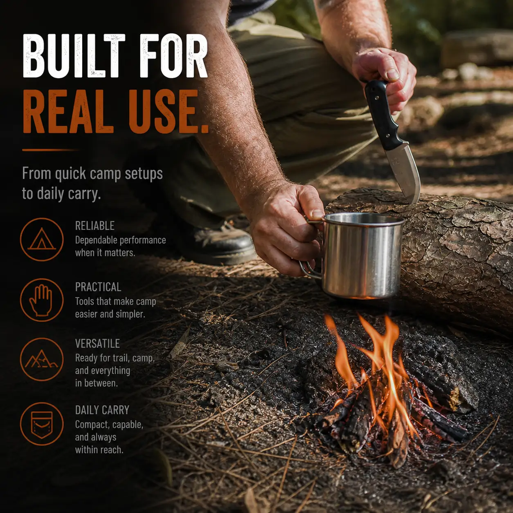The Redline full-tang survival neck knife with G10 handle in use near campfire.