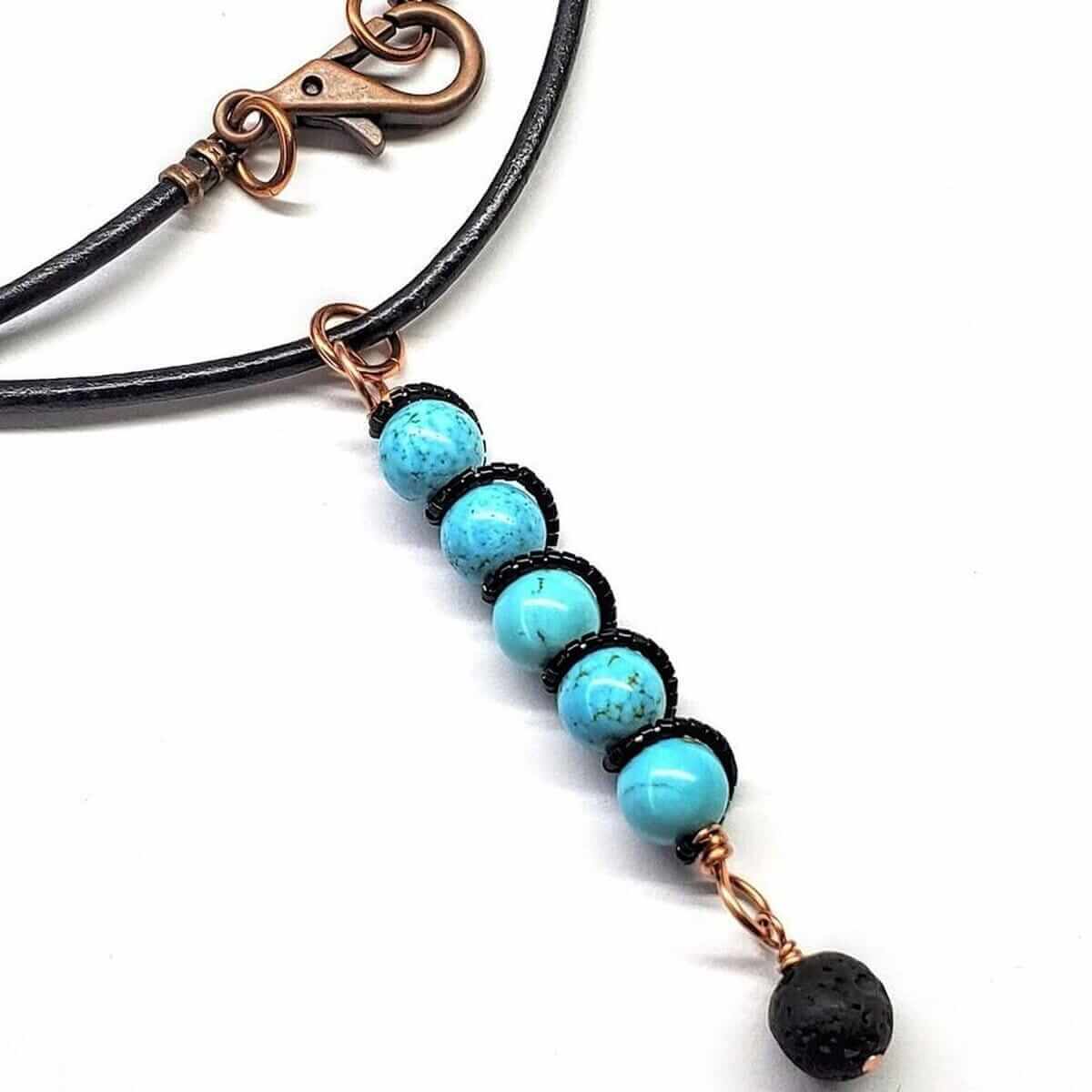 Copper turquoise pendant necklace with lava rock charm on black cord, Alexa Martha Designs