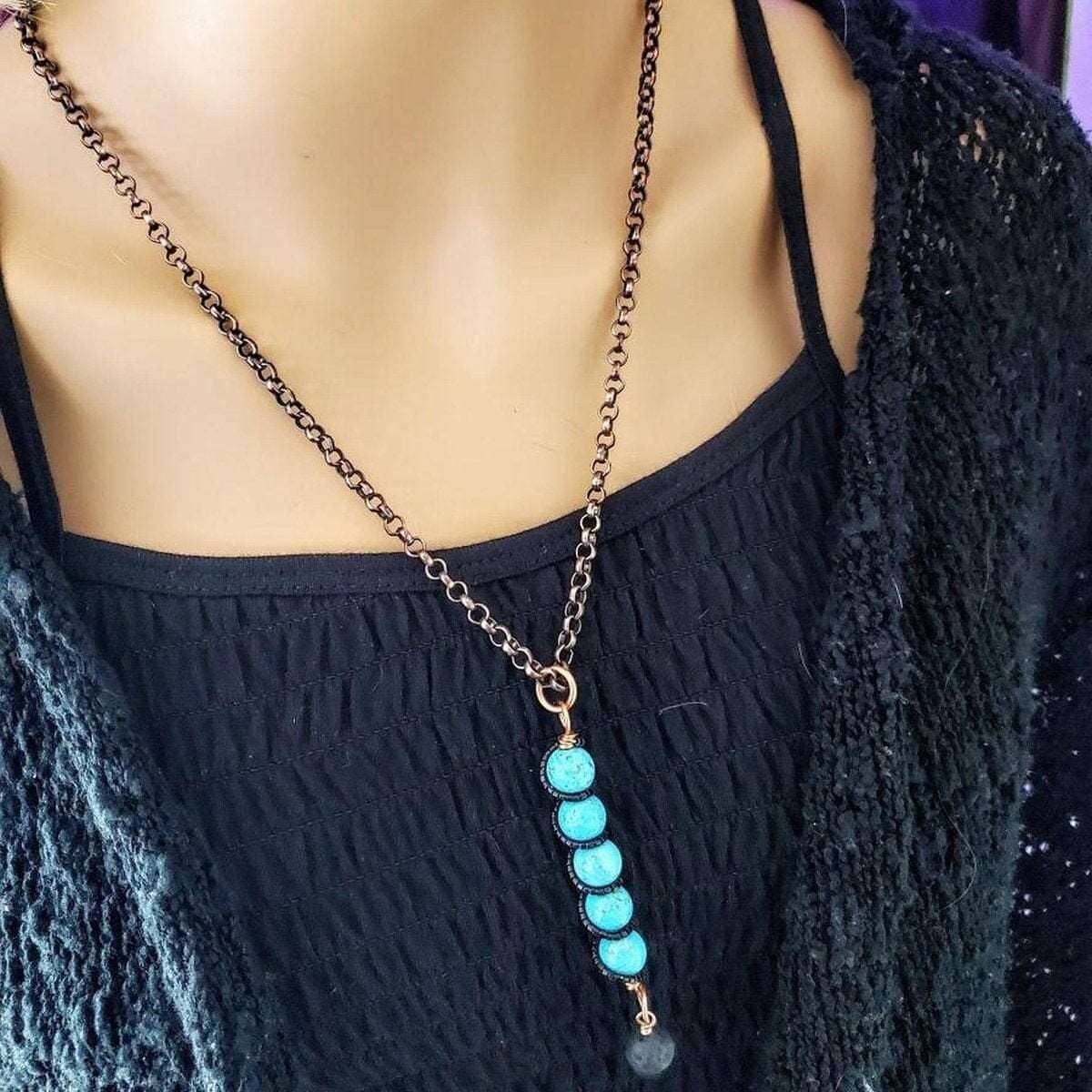 Copper Turquoise Pendant With Lava Rock Charm Necklace by Alexa Martha Designs