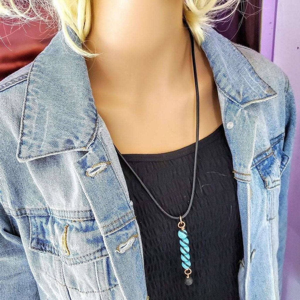 Copper turquoise pendant necklace with lava rock charm on black cord
