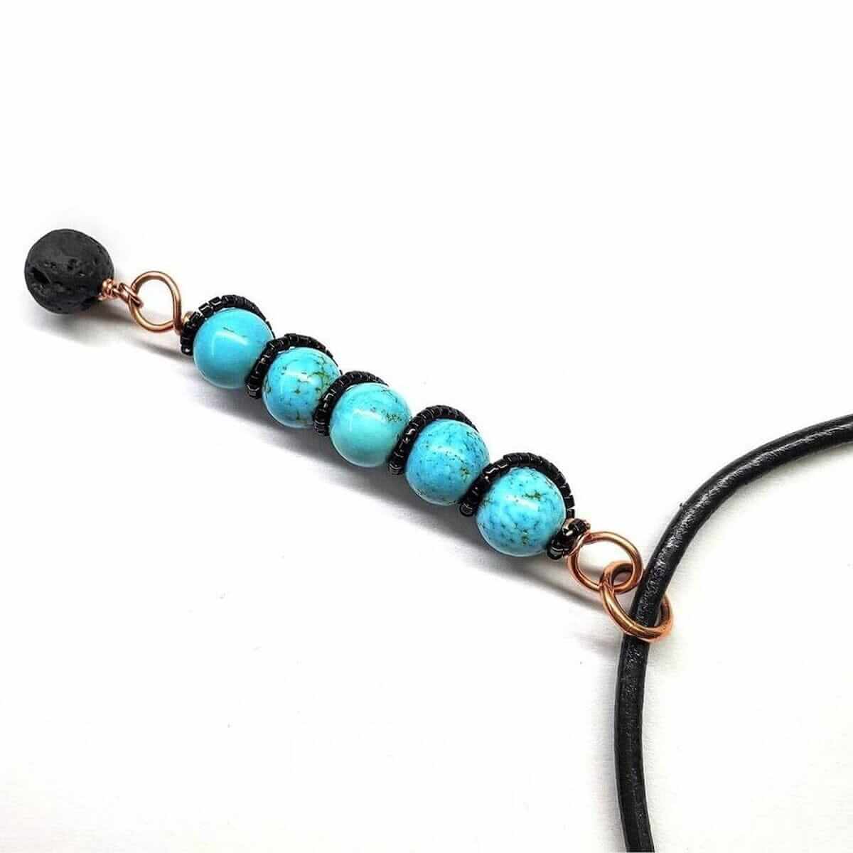 Copper turquoise bead necklace with lava rock charm on black cord