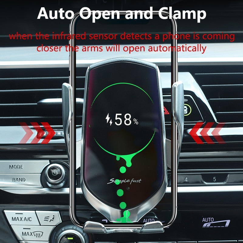 Car wireless charger holder with auto-open clamp, black body and silver arms, VIP Digital Presence