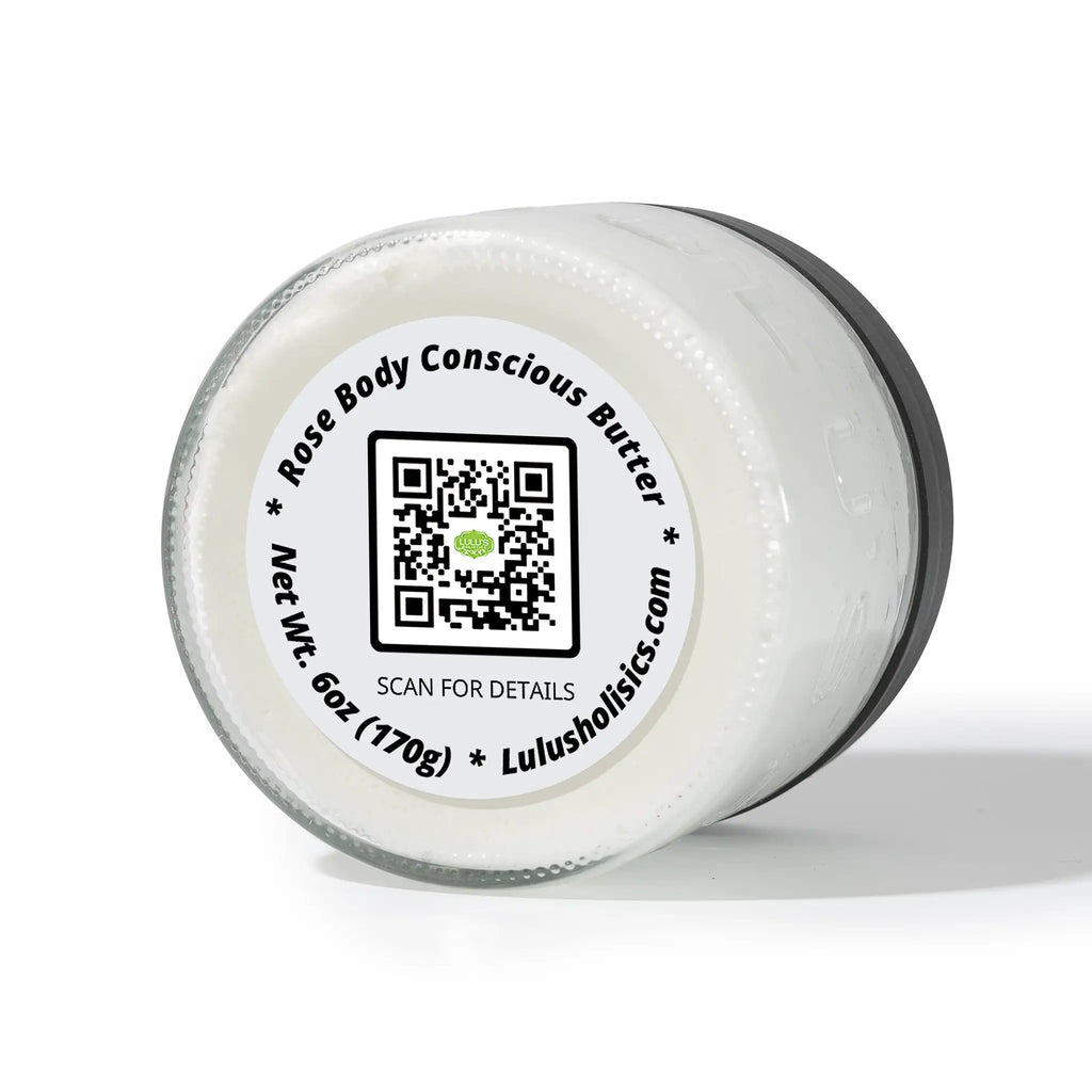 Rosewater Whipped Body Butter jar by Lulu’s Holistics; hydrating, skin-softening body moisturizer.