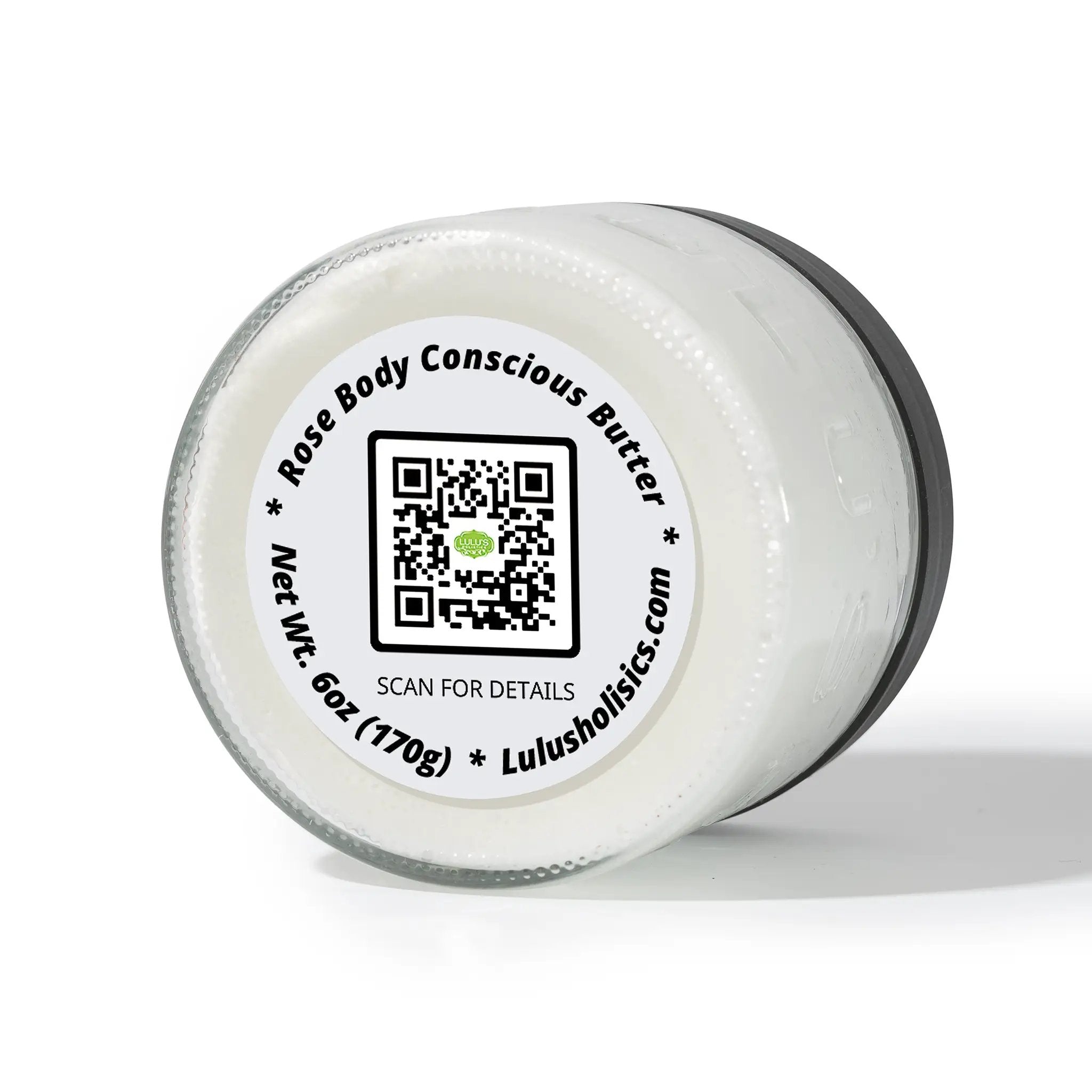 Rosewater Whipped Body Butter jar by Lulu’s Holistics; hydrating, skin-softening body moisturizer.