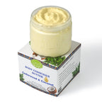 Cedarwood & Coconut Whipped Body Butter jar by Lulu’s Holistics, creamy pale-yellow atop its box