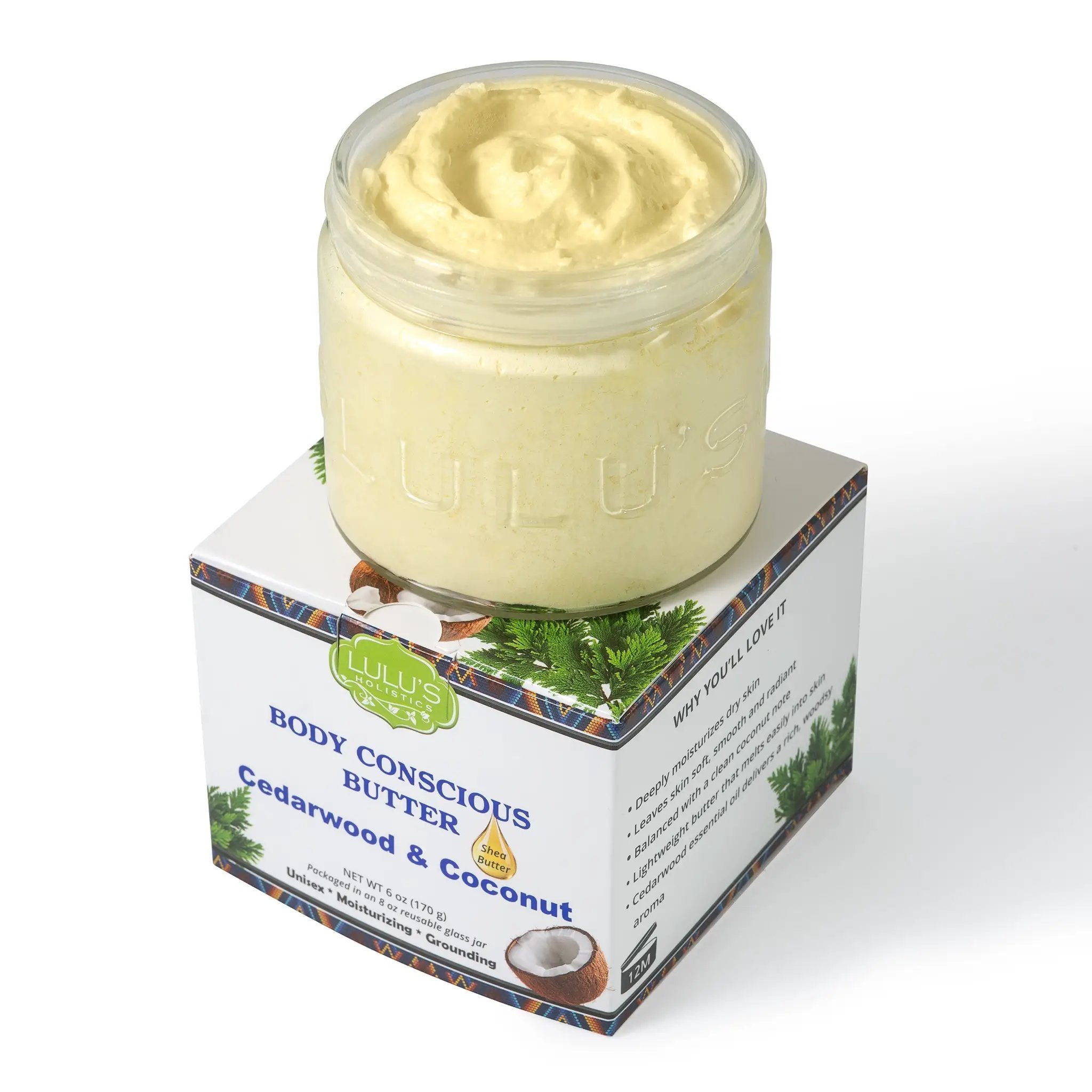 Cedarwood & Coconut Whipped Body Butter jar by Lulu’s Holistics, creamy pale-yellow atop its box