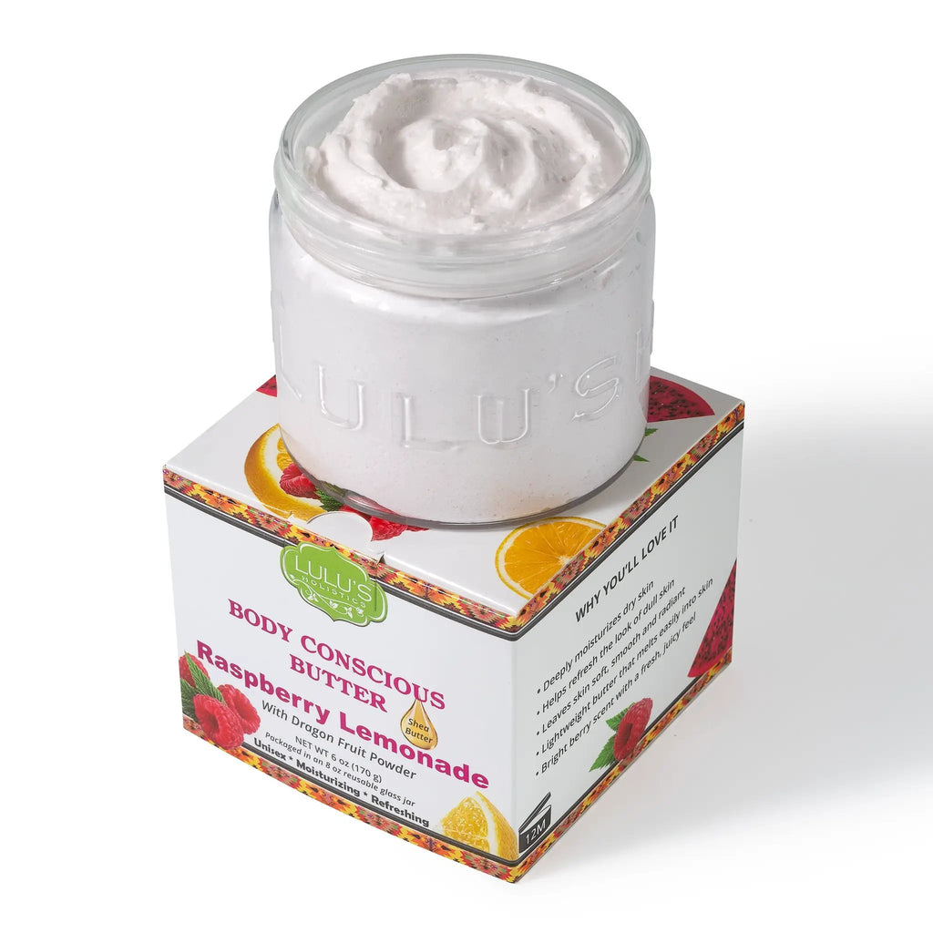 Whipped Body Butter by Lulu's Holistics Raspberry Lemonade, nourishing skin moisturizer in jar