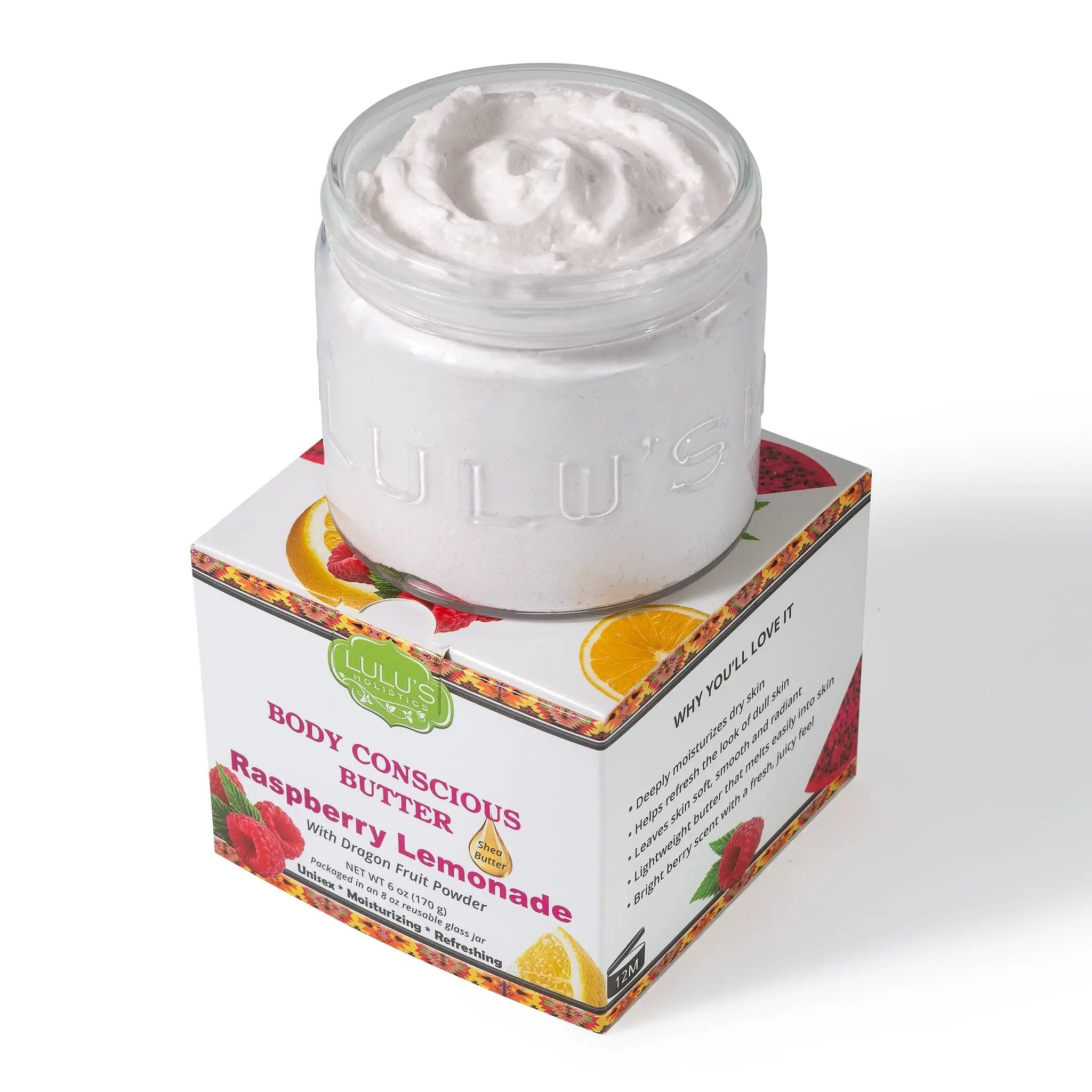 Whipped Body Butter by Lulu's Holistics Raspberry Lemonade, nourishing skin moisturizer in jar