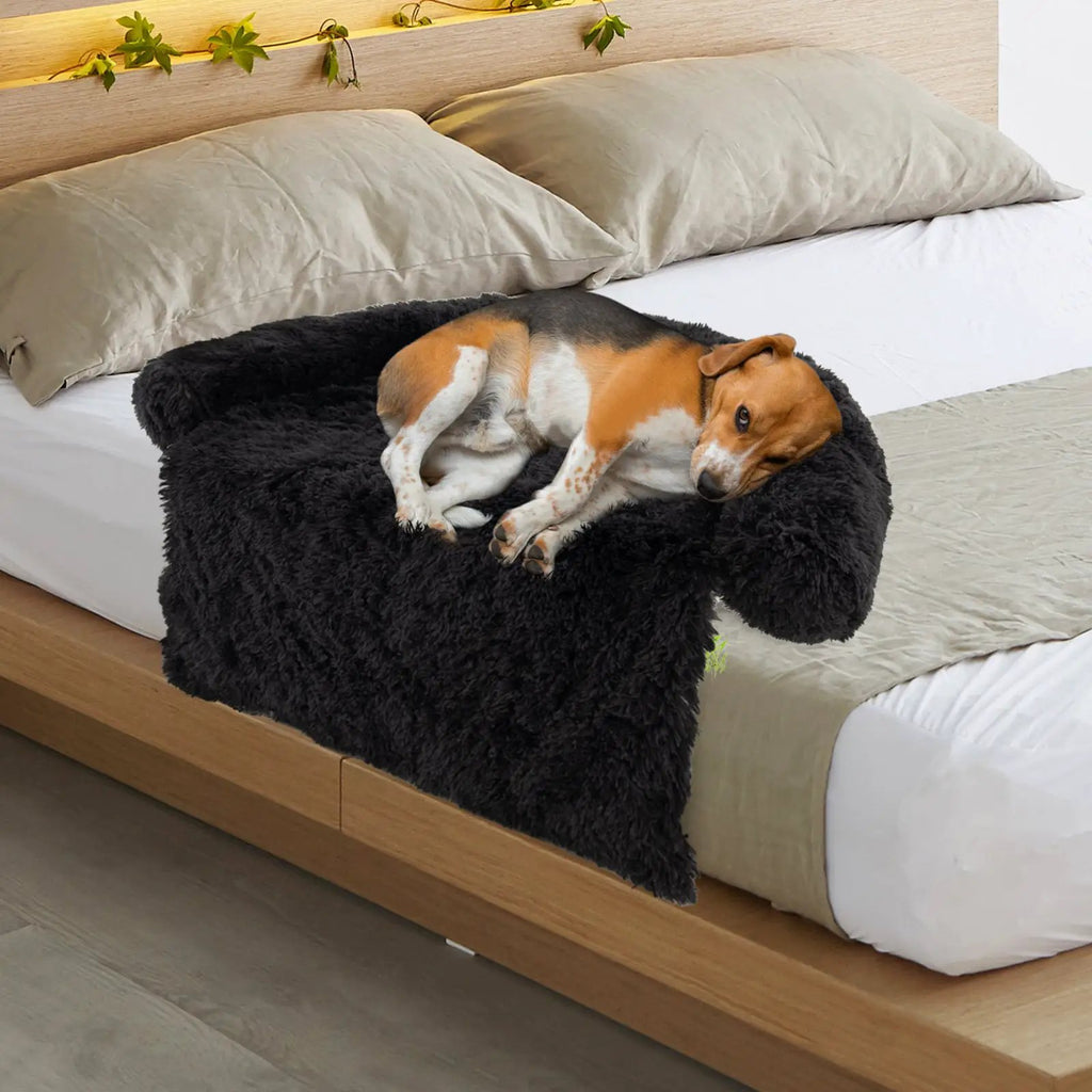 Plush Calming Dog Couch Bed with anti-slip bottom in black, dog resting on it