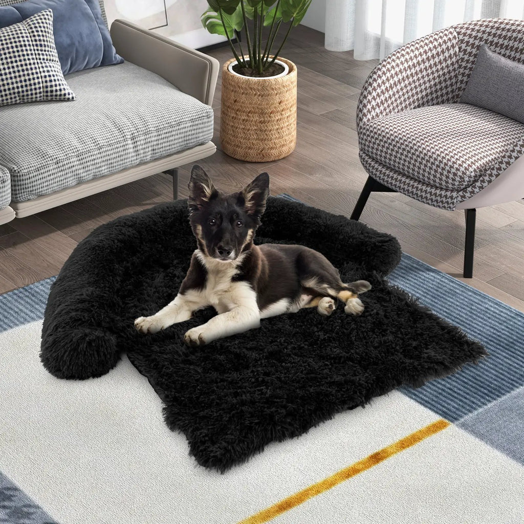 Plush Calming Dog Couch Bed M by GBruno Store with anti-slip bottom, black plush fabric.