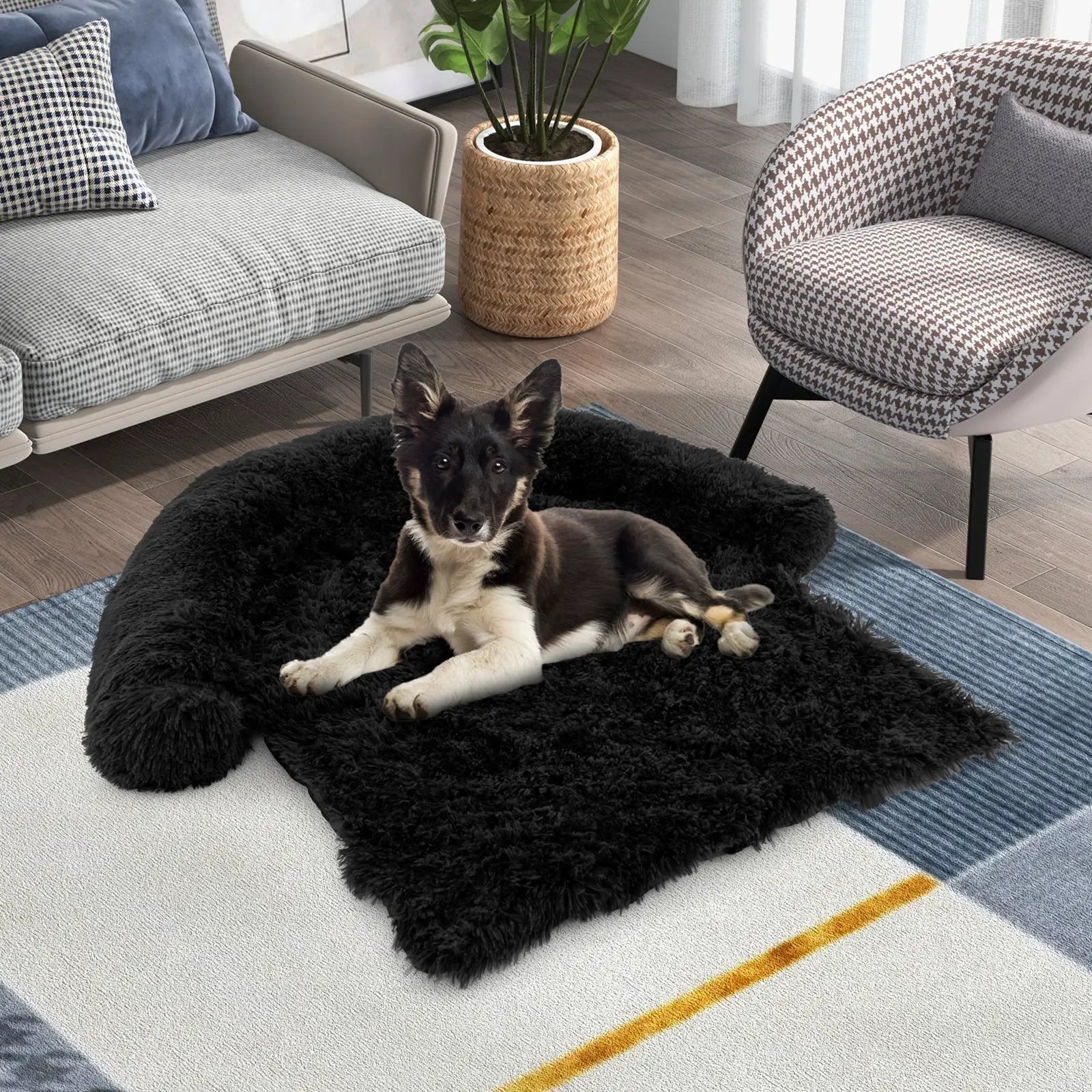 Plush Calming Dog Couch Bed M by GBruno Store with anti-slip bottom, black plush fabric.