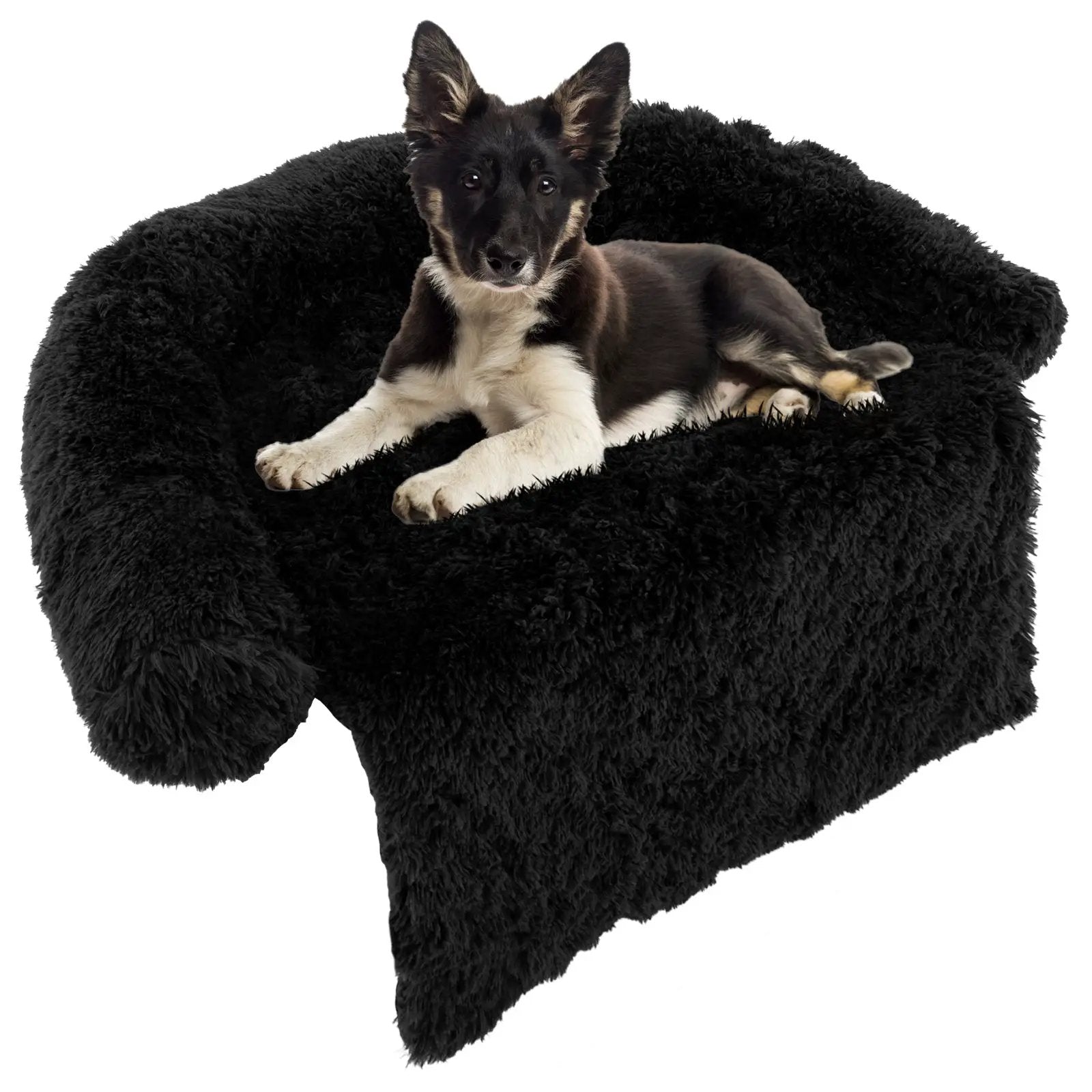 Plush Calming Dog Couch Bed in black with anti-slip bottom, dog resting on fluffy bed.