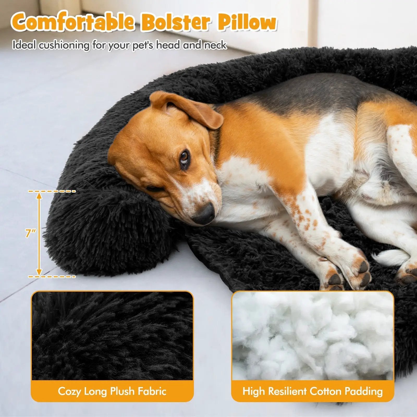 Plush Calming Dog Couch Bed (M) with anti-slip bottom, by GBruno Store, black plush fabric.