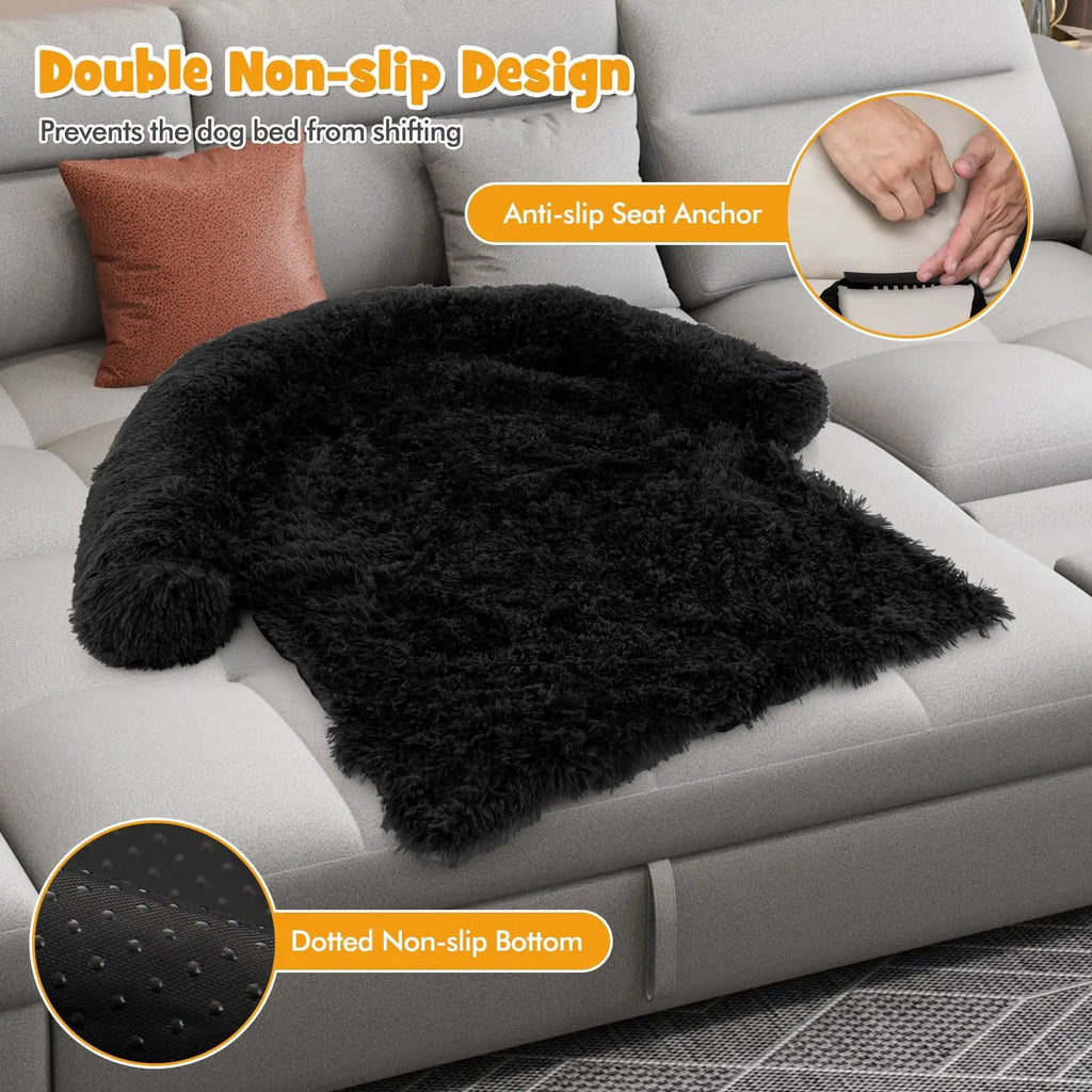 Plush Calming Dog Couch Bed, M size, black plush cover with dotted non-slip bottom by GBruno Store