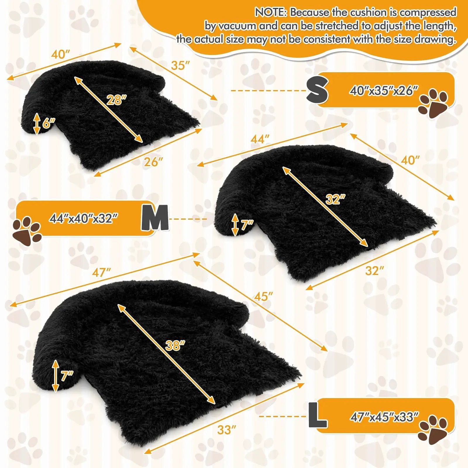 Plush calming dog couch bed in black with anti-slip bottom; available in S, M, L with 40x35x26 and 44x40x32
