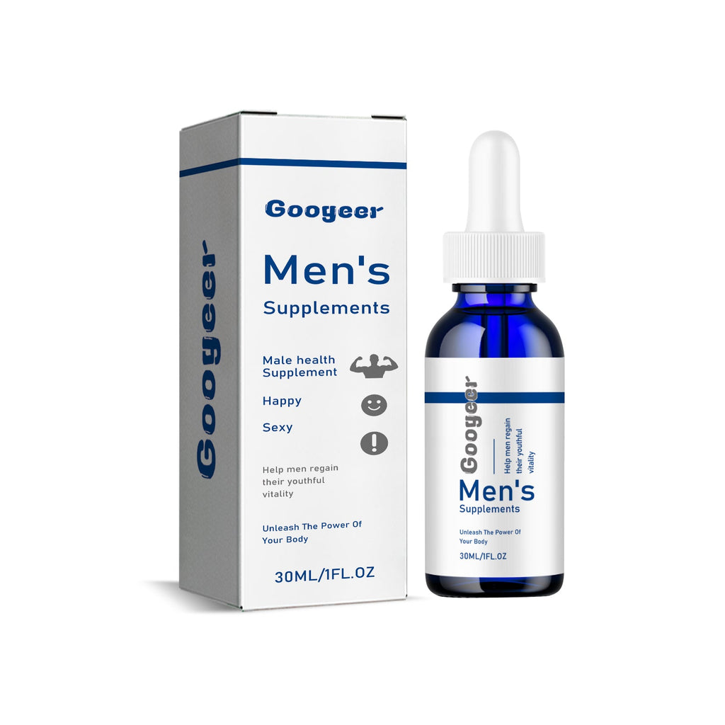 Men's Supplement Drops box and blue glass bottle with dropper, two items, herbal men's health supplement