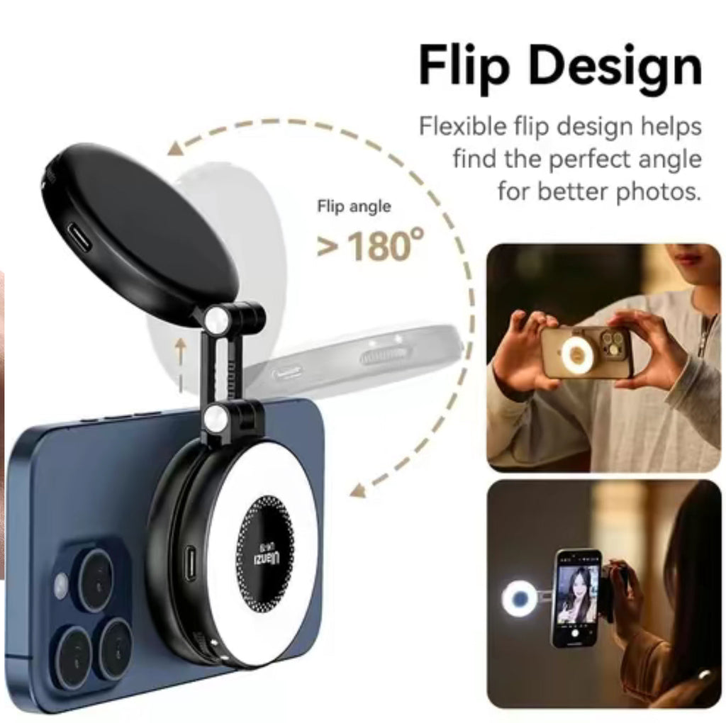 GlowSnap Ring Light by VIP Digital Presence; black clip-on phone lighting with flip design for 180° angles