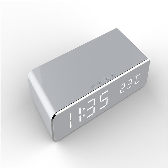 V.I.P Digital Presence wireless desk clock in silver with LED digital display showing time and temperature