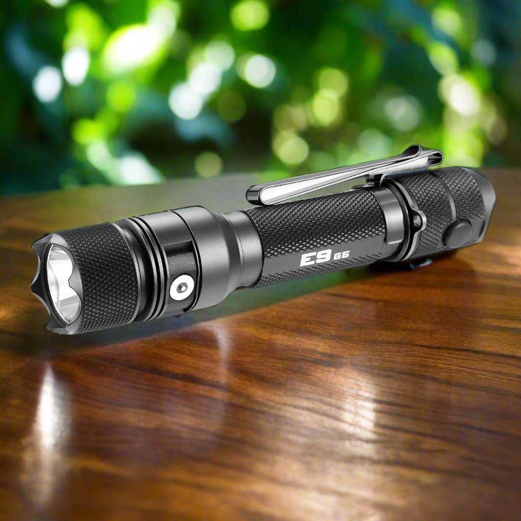 Powertac E9 GEN5 rechargeable tactical EDC flashlight.