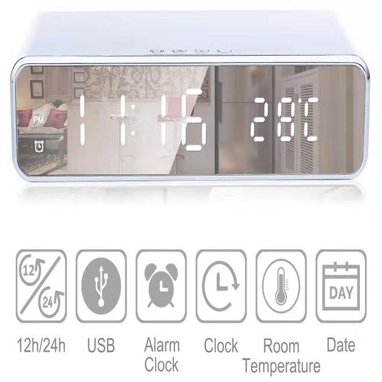 Temperature gauge wireless charging multifunctional desktop time clock mirror LED display by VIP Digital Presence
