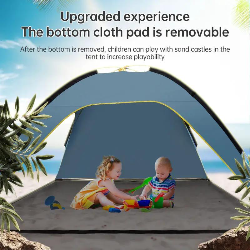Quick-open beach tent, blue pop-up sun shelter with spacious interior for outdoor camping