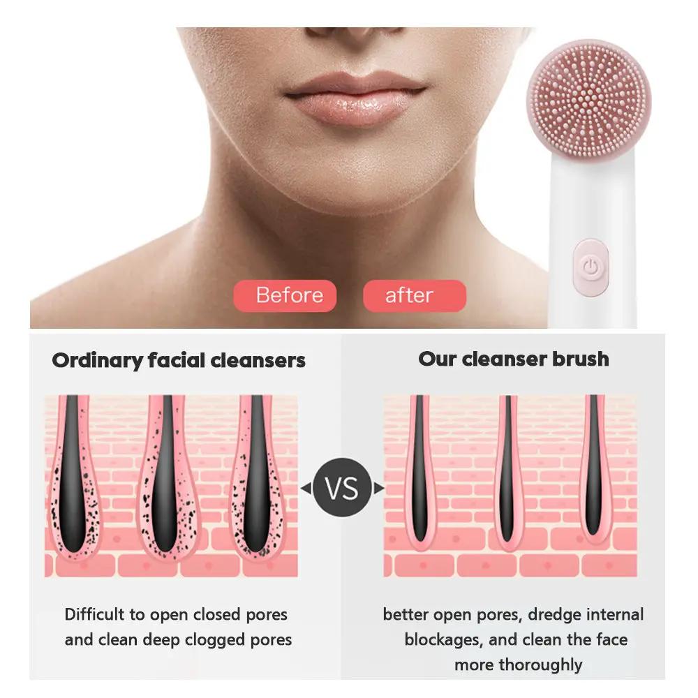 2-Speed 2-In-1 Silicone Facial Cleanser with sonic vibration; pink silicone head on white handle
